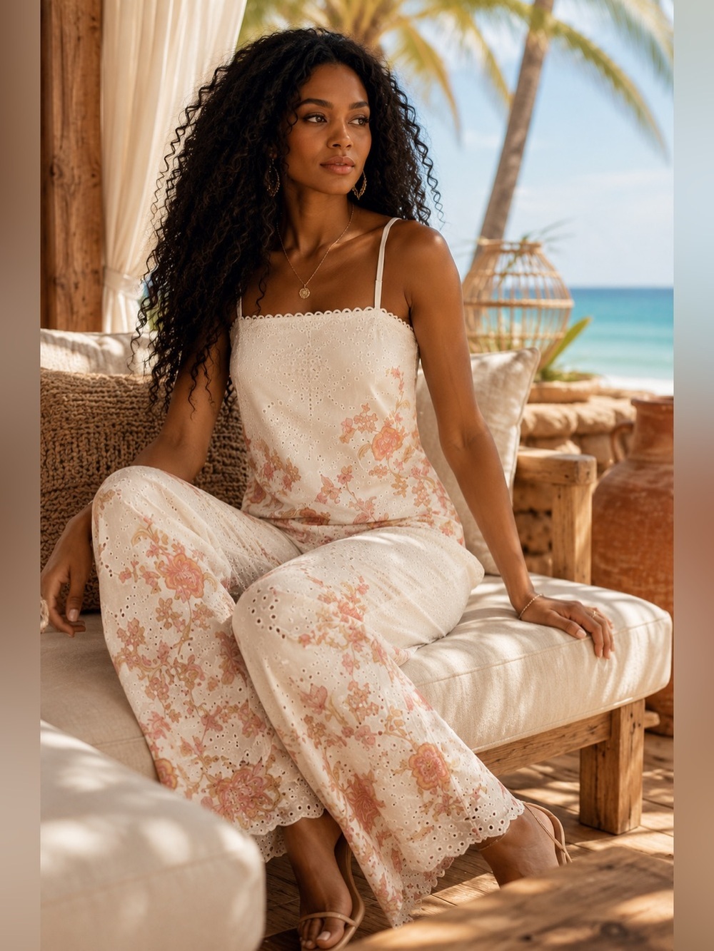 Women’s Cream Floral Wide-Leg Pant Set - Picture 3 of 4